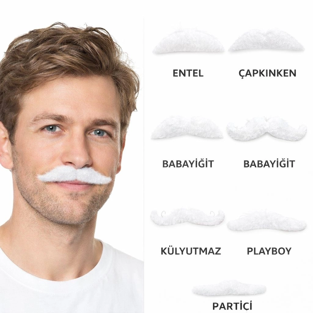 6’lı Yapışkanlı Gri Parti Bıyık Seti – Farklı Modeller