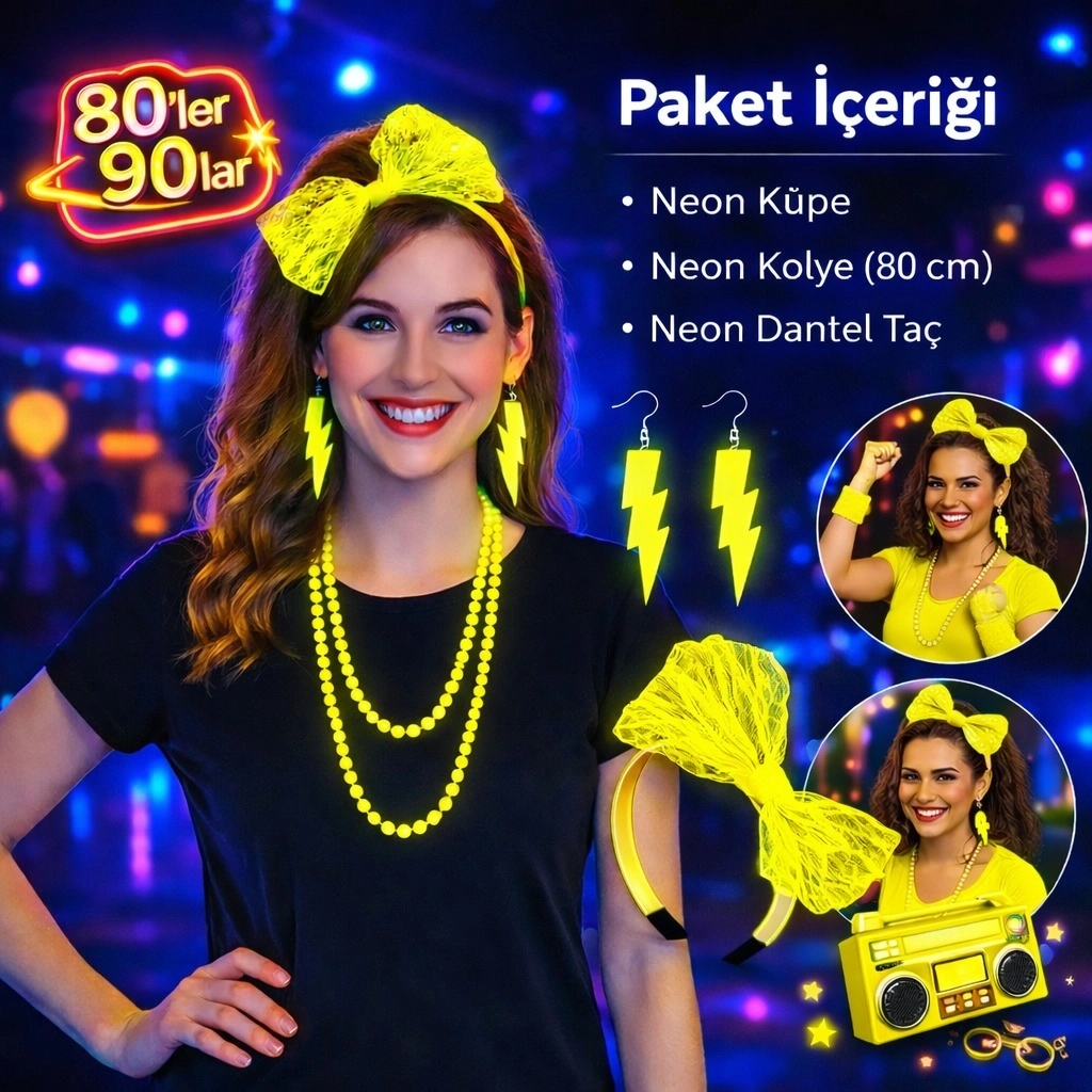 80’ler 90’lar Neon Sarı Parti Seti – Kolye Küpe Taç