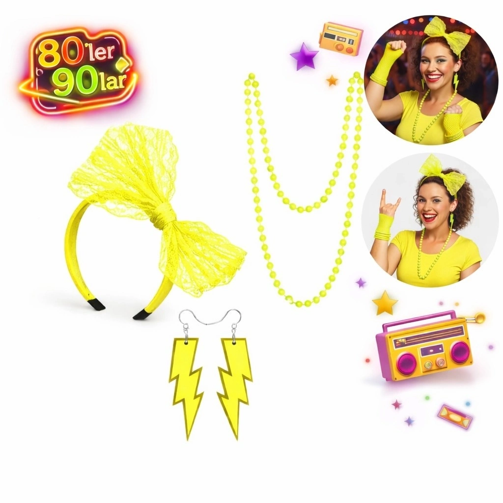 80’ler 90’lar Neon Sarı Parti Seti – Kolye Küpe Taç