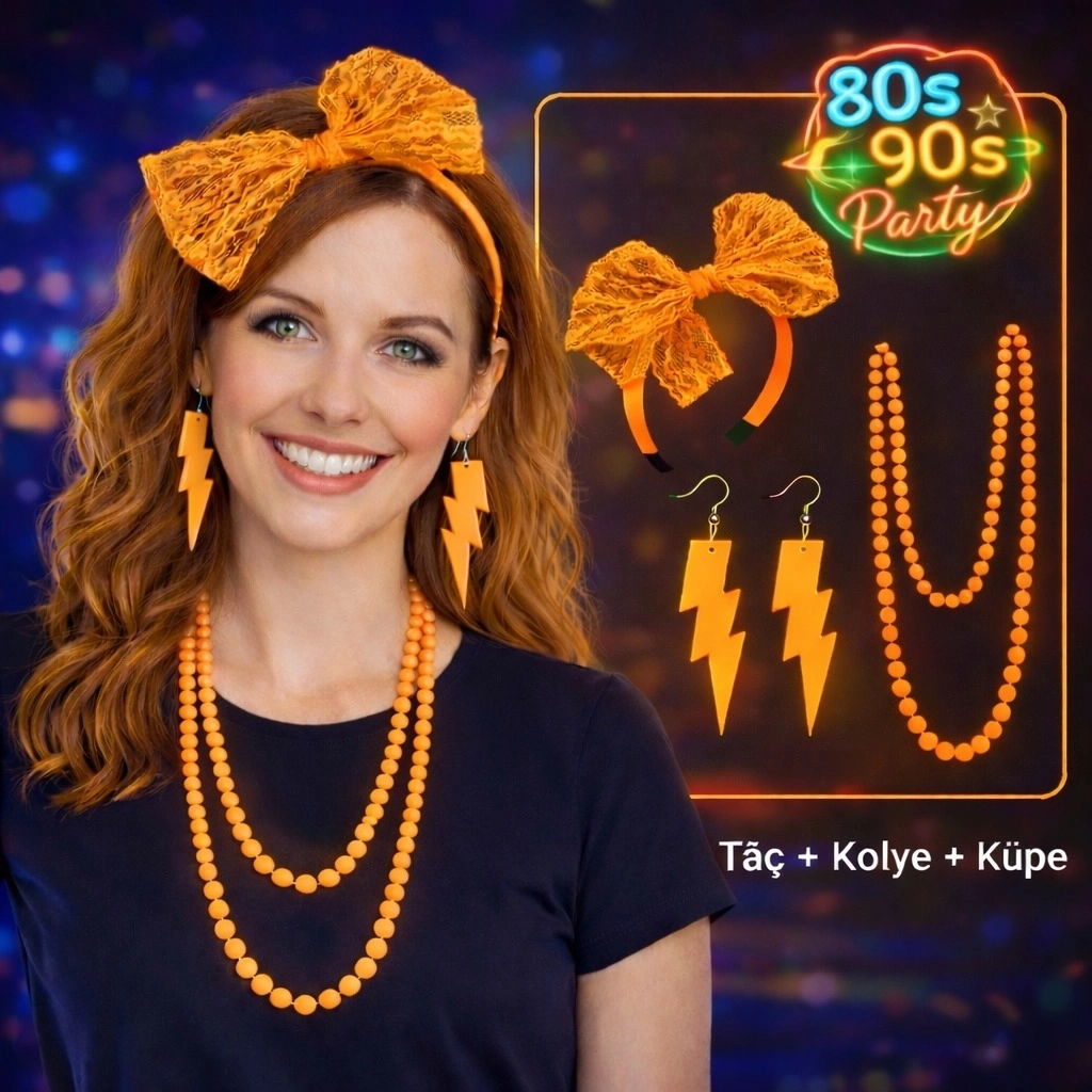 80’ler 90’lar Neon Pembe Parti Seti – Kolye Küpe Taç