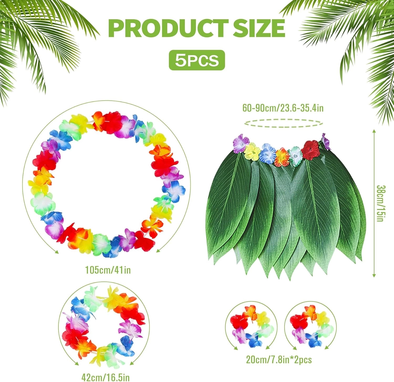 Çocuk Hawaii Kostüm Seti - Yaprak Etek  Hawaii Set - 5 Parça