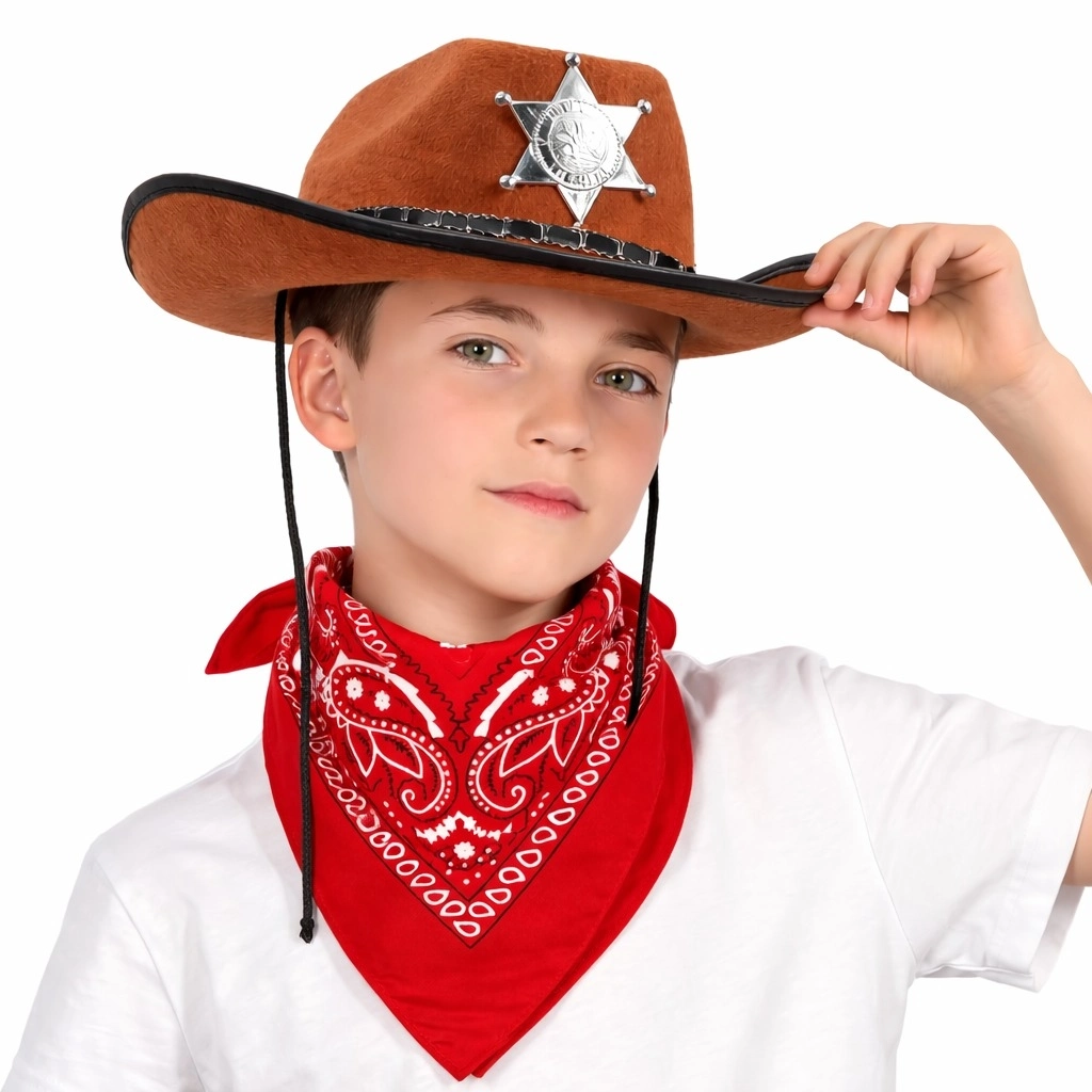 Çocuk Kovboy Şapka Rozetli Siyah  Kırmızı Bandana Seti