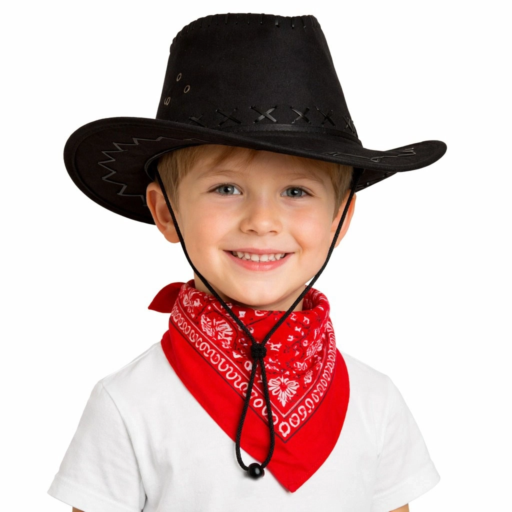 Çocuk Kovboy Şapka Siyah  Kırmızı Bandana Seti