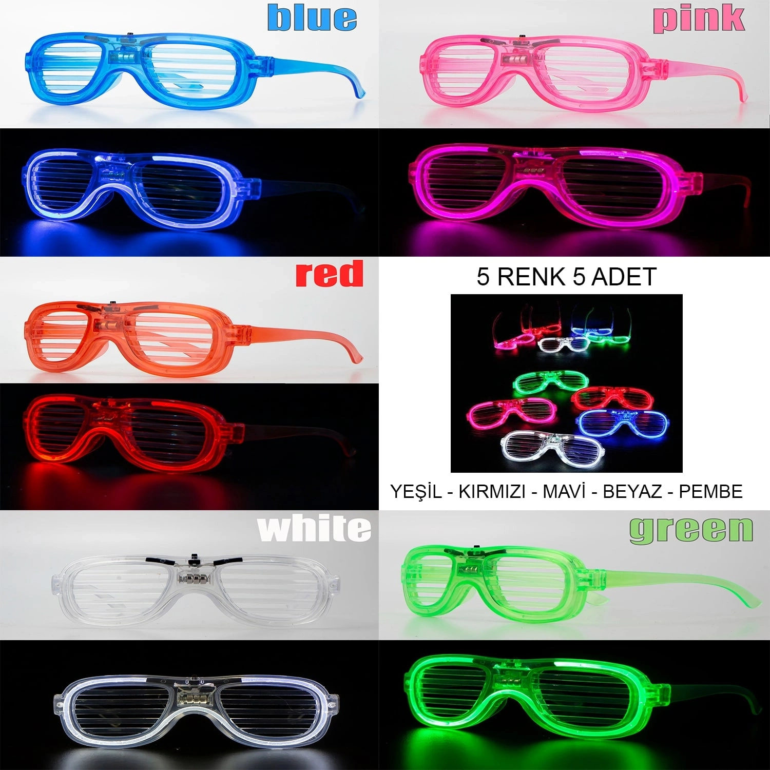 Glow Model Led Işıklı Parti Gözlüğü 3 Modlu 5 Renk 5 Adet