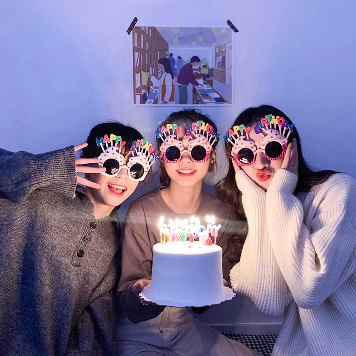 Happy Birthday Yazılı Beyaz Fuşya Renk Parti Gözlüğü 12x7 Cm