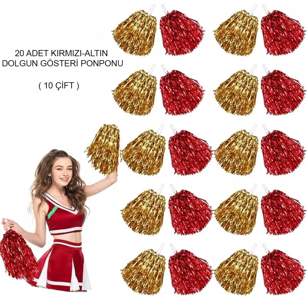 Kırmızı Beyaz Metalik Dolgun Gösteri Ponponu 20 Adet (10 Çift)