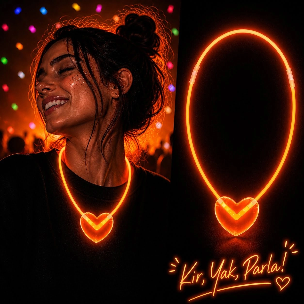 Neon Işıklı Fosforlu Kalp Parti Kolyesi Kırmızı Renk