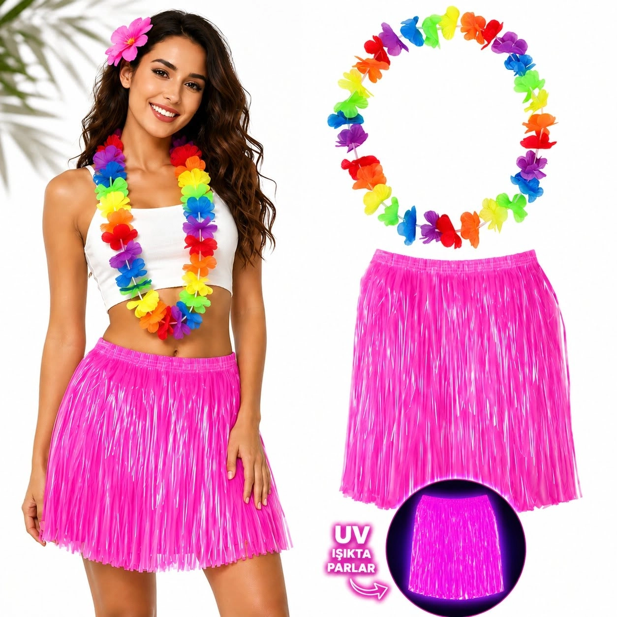 Neon Sarı Hawaii Etek 40 Cm Ve Rengarenk Hawaii Kolye