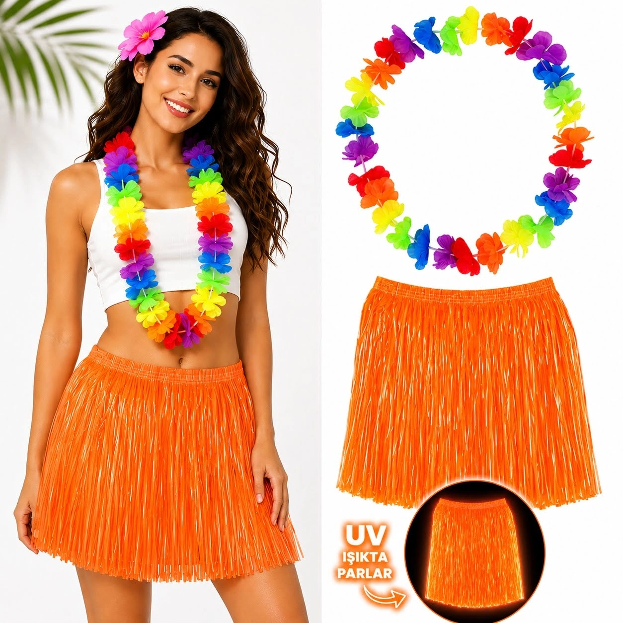 Neon Sarı Hawaii Etek 40 Cm Ve Rengarenk Hawaii Kolye