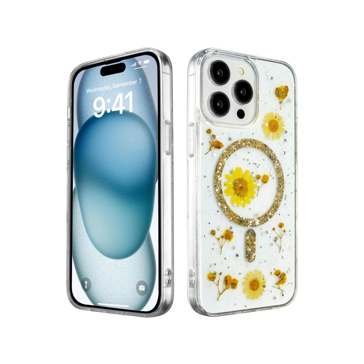 İphone 15 Pro Max Kılıf Daisy Simli Magsafe Kapak - Gold