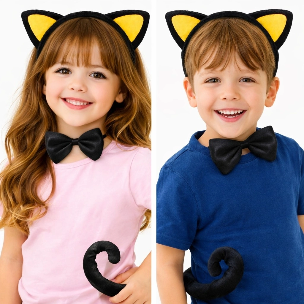 Kırmızı Kulaklı Kedi Kostüm Seti – Taç Papyon Kuyruk 3 Parça