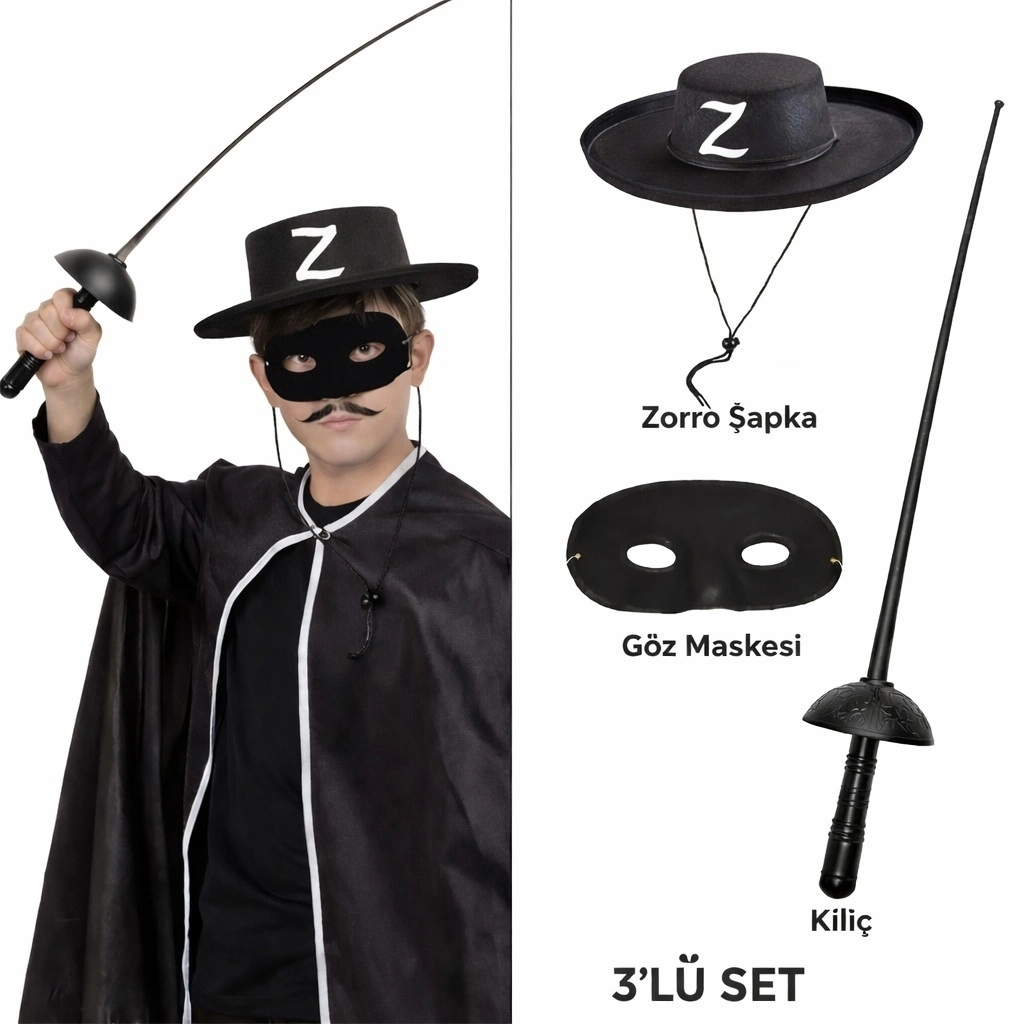 Zorro Kostüm Seti 3’lü Çocuk – Şapka, Maske Ve Kılıç